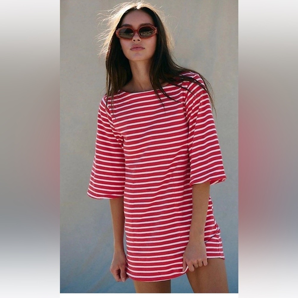 Free People Free Est Charlie Coastal Nautical Red White Striped Mini Dress New
